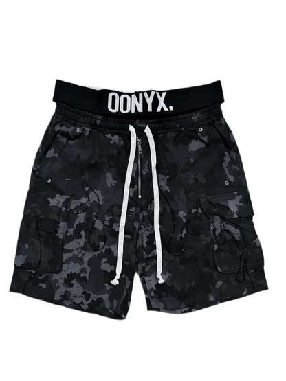ONYX WAISTBAND CARGO SHORTS IN BLACK CAMO